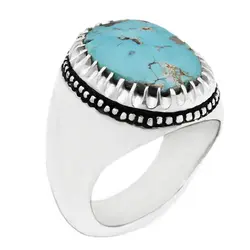 انگشتر فیروزه نیشابوری نقره دست ساز مردانه طرح فیلی دور چنگ