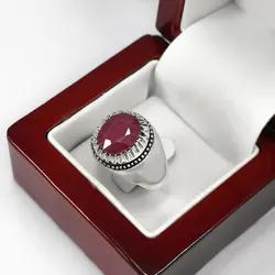 انگشتر یاقوت سرخ الماس تراش نقره مردانه طرح فیلی دور چنگ