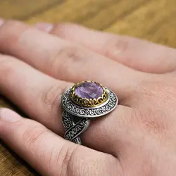 انگشتر نقره مردانه با سنگ آمیتیست الماس تراش طرح دورطلایی راسم