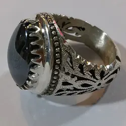 انگشتر نقره مردانه دست ساز شاه عباسی دور چنگ نگین حدید صینی+حکاکی ذکر امام علی (ع)