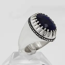 انگشتر یاقوت کبود الماس تراش نقره مردانه دست ساز فاخر طرح فیلی دور چنگ