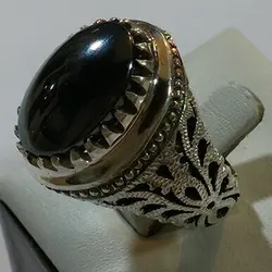 انگشتر نقره مردانه دست ساز شاه عباسی دور چنگ نگین حدید صینی+حکاکی ذکر امام صادق (ع)