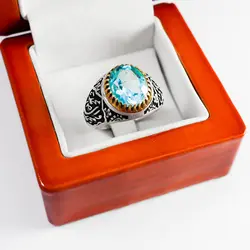 انگشتر توپاز مردانه نقره طرح دورطلایی صلوات