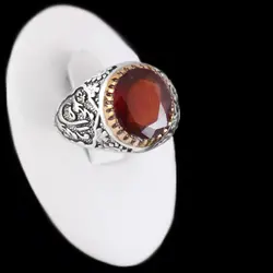 انگشتر گارنت نقره مردانه طرح دور طلایی صلوات