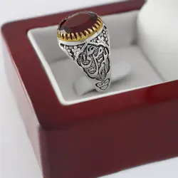 انگشتر گارنت نقره مردانه طرح دور طلایی صلوات