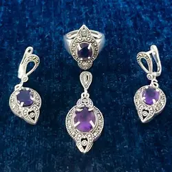 نیم ست نقره زنانه طرح ارنواز با سنگ آمیتیست الماس تراش