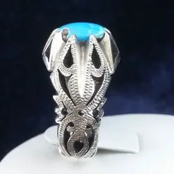 انگشتر نقره مردانه طرح شبکه دور چنگ بزرگ با نگین فیروزه