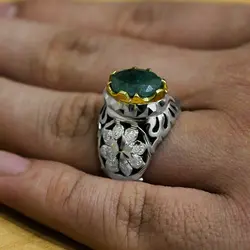 چک سینا توضیح ندارد: انگشتر زمرد هندی الماس تراش نقره مردانه  فاخر دست ساز شارا