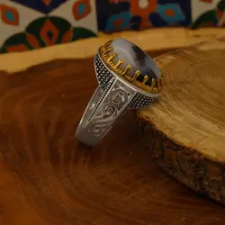 انگشتر عقیق شجر نقره مردانه طرح دورطلایی رحمان