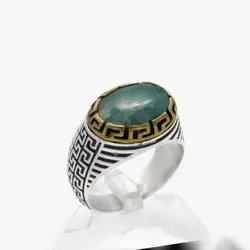 انگشتر زمرد هندی الماس تراش نقره مردانه دور طلایی طرح شروین