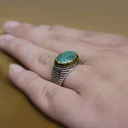 انگشتر زمرد هندی الماس تراش نقره مردانه دور طلایی طرح شروین