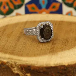 انگشتر عقیق مشکی نقره زنانه طرح بیتا + حرز امام جواد (ع) + آیت الکرسی