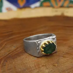 انگشتر زمرد الماس تراش نقره مردانه طرح کافی