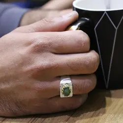 انگشتر زمرد الماس تراش نقره مردانه طرح کافی