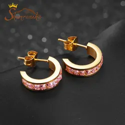 گوشواره استیل نیم دایره با کریستال صورتی کد EAR171R0