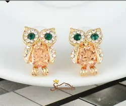 گوشواه دخترانه طرح جغد کریستال رنگی چک گلد  کد ۱۱۴۳۸