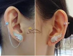 گوشواره ترکیبی میخی و کلیپسی با زنجیر و کریستال زیرکنیا طرح بال سیلور کد ۹۶۷۸