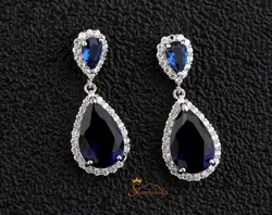 گوشواره کلاسیک  قطره نگین کریستال آبی کاربنی اتریش سیلور کد ۹۶۶۰