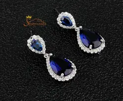 گوشواره کلاسیک  قطره نگین کریستال آبی کاربنی اتریش سیلور کد ۹۶۶۰