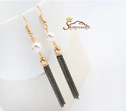 گوشواره منگوله ای نگین مروارید و زنجیری مشکی کد ۷۸۳۲