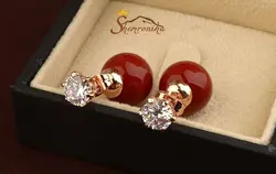 گوشواره پشت لاله گوشی دوطرفه با نگین زیرکنیا و مروارید قرمز گلد کد ۷۸۱۴