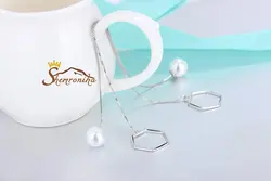 گوشواره مدل بخیه ای با آویز مروارید و لوزی - سیلور کد ۶۴۶۸