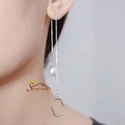 گوشواره مدل بخیه ای با آویز مروارید و لوزی - سیلور کد ۶۴۶۸