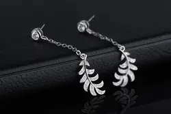 گوشواره مدل آویزی بلند زنجیری طرح برگ با نگین زیرکُنیا - سیلور کد ۶۴۶۰