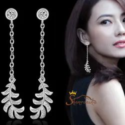 گوشواره مدل آویزی بلند زنجیری طرح برگ با نگین زیرکُنیا - سیلور کد ۶۴۶۰