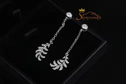 گوشواره مدل آویزی بلند زنجیری طرح برگ با نگین زیرکُنیا - سیلور کد ۶۴۶۰