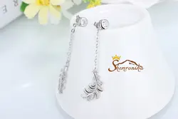 گوشواره مدل آویزی بلند زنجیری طرح برگ با نگین زیرکُنیا - سیلور کد ۶۴۶۰