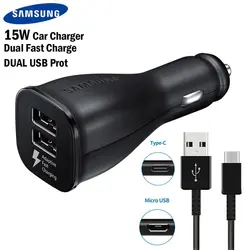 شارژر فندکی سریع سامسونگ با کابل میکرو یو اس بی (بدون پک) Samsung Fast Charging Dual Car Charger - شمرون شاپ