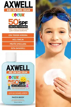 کرم ضد آفتاب کودکان با محافظت بسیار بالا ویتامین E با Spf 50 حجم ۱۰۰ میل اکس‌ول AXWELL