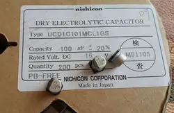 خازن 100 میکرو فاراد 16 ولت smd ساخت nichicon ژاپن سری UCD امپدانس پایین