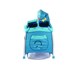 تخت پارک کاپلا گهواره شونده با جای تعویض نوزاد و توری پشه بند و اویز تخت موزیکال و پایه گهواره کاپلا رنگ ابی capella