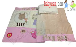 سرویس خواب پلی گرو نوزادی  3 تکه نوزادی مخمل صورتی کرم عروسکی (رویه مخمل و پشت تمام پنبه )    playgro