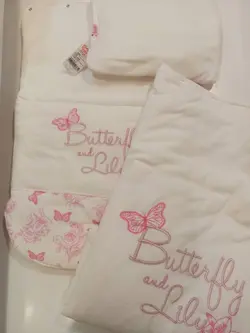 سرویس خواب ببتو ترکیه نوزادی 3 تکه مخمل سفید صورتی پروانه  bebetto