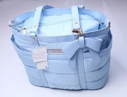 ساک لوازم نوزادی  مایورال میکس پارچه و چرم دوزی با اکسسوری گلد و زیرانداز تعویض و کیف پستانک و عایق دما  رنگ آبی مایورال اسپانیا    mayoral