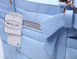 ساک لوازم نوزادی  مایورال میکس پارچه و چرم دوزی با اکسسوری گلد و زیرانداز تعویض و کیف پستانک و عایق دما  رنگ آبی مایورال اسپانیا    mayoral