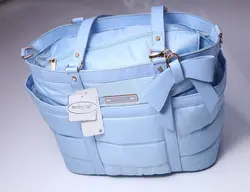 ساک لوازم نوزادی  مایورال میکس پارچه و چرم دوزی با اکسسوری گلد و زیرانداز تعویض و کیف پستانک و عایق دما  رنگ آبی مایورال اسپانیا    mayoral