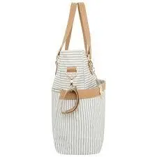 ساک لوازم نوزاد مایورال رنگ کرم راه راه با چرم دوزی نچرال و زیرانداز تعویض و بند سر دوشی mayoral