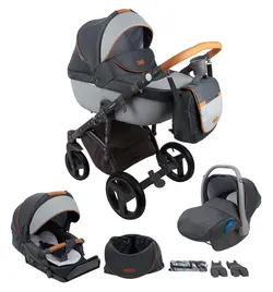 کالسکه ادامکس 4 تکه مدل ماسیمو رنگ طوسی با چرم فهوه ای روشن با کریکات و کریر و اکسسوری ادامکس adamex massimo v8