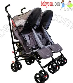 کالسکه دوقلو عصایی بغل هم رنگ طوسی خاکی بیبی کر با گارد محافظ جلو کالسکه  Baby Care Double Stroller