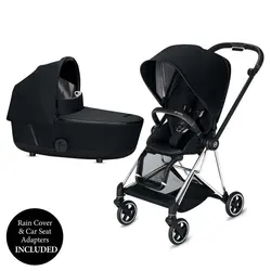 کالسکه کریر سایبکس میوس مشکی بدنه کروم با چرم دوزی مشکی و کریر ایتون 5 سایبکس مشکی cybex mios corom +AITON 5/black