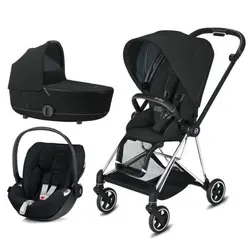 کالسکه کریر سایبکس میوس مشکی بدنه کروم با چرم دوزی مشکی و کریر ایتون 5 سایبکس مشکی cybex mios corom +AITON 5/black