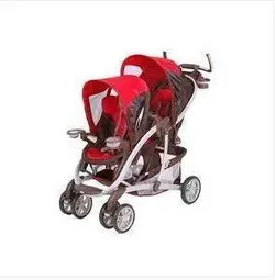 کالسکه دوقلو گراکو جدید پشت سرهم دسته تلسکوپی با خواب کامل نوزادی رنگ قرمز قهوه ای   graco twin stroller