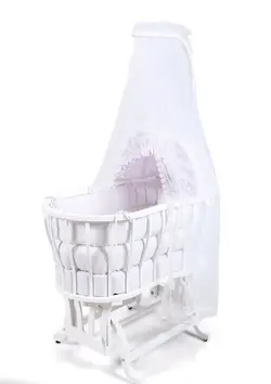 تخت و گهواره نوزادی تمام چوب بیضی رنگ سفید با سرویس خواب و توری پشه بند  bebetto