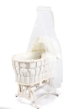تخت و گهواره نوزادی تمام چوب بیضی رنگ کرم روشن با سرویس خواب و توری پشه بند  chipolino