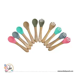قاشق وچنگال سیلیکونی دسته چوبی کودک