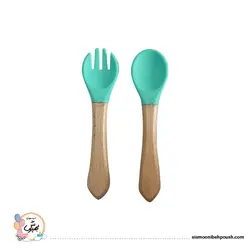 قاشق وچنگال سیلیکونی دسته چوبی کودک